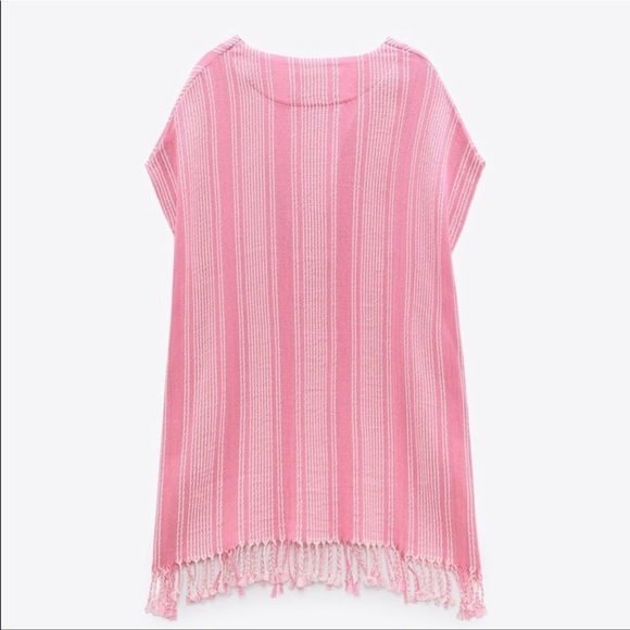 ZARA kaftan fringe coverup Cotton Pink striped medium large - Picture 3 of 7